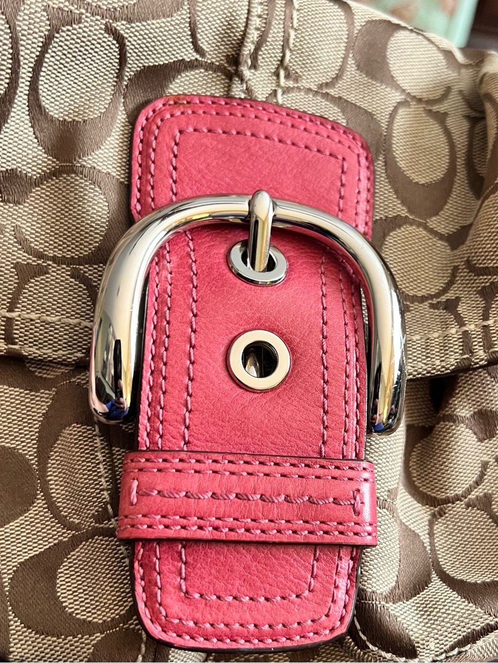 Coach Beige Signature Canvas Tote with Pink Interior Patch - Picture 7 of 8